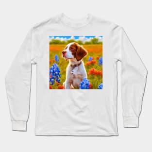 Brittany Puppy in Texas Wildflower Field Long Sleeve T-Shirt